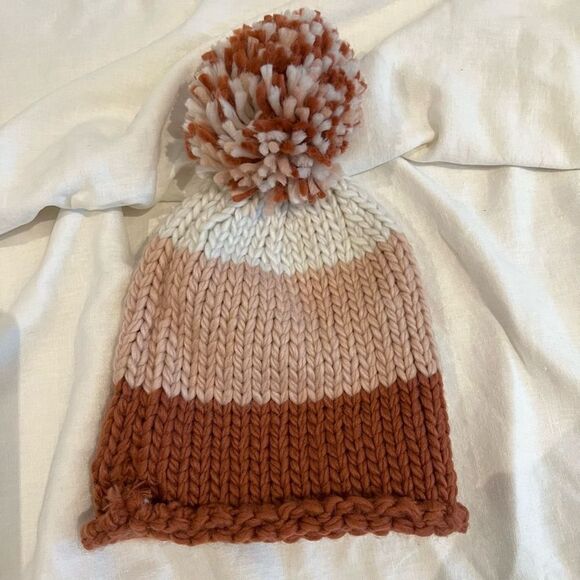 Marcus Adler Chunky Knit Colorblock Rustic/Blush Pink Beanie Hat w Pom - Picture 6 of 8